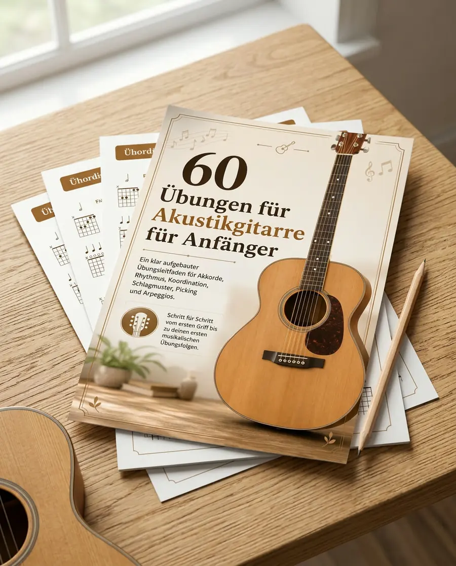 Ausgedruckte Gitarrenübungen auf einem Holztisch